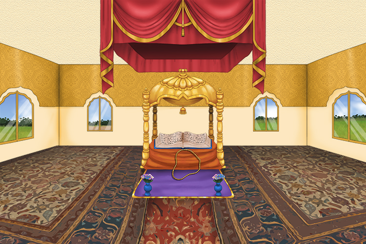 A Sikh temple (called a Gurdwara) has a copy of the Guru Granth Sahib placed on a takhat (an elevated throne) in a prominent central position.